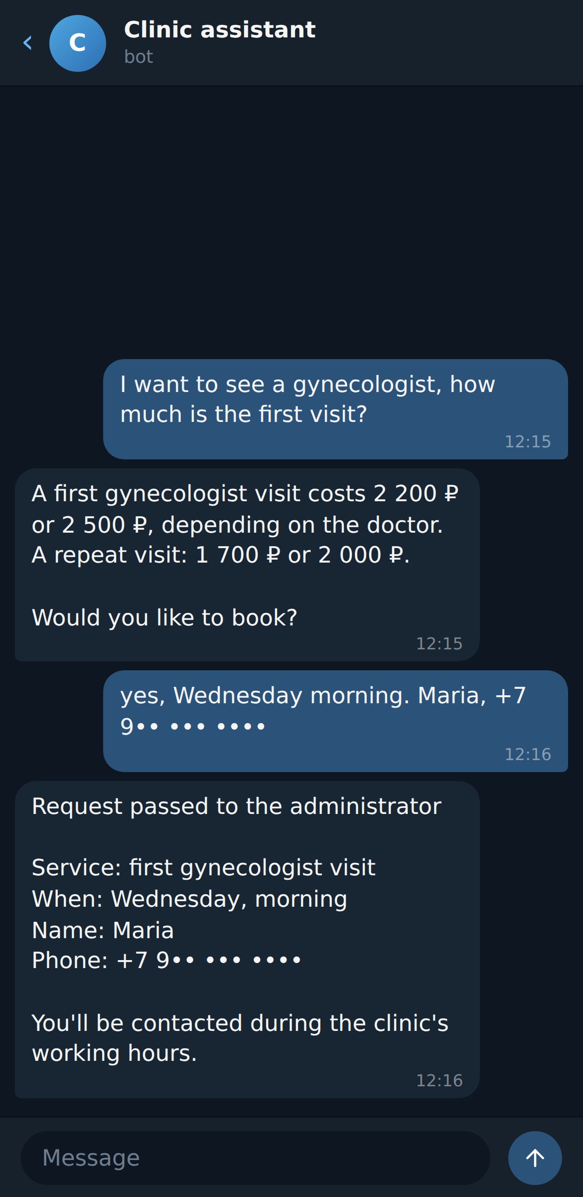 Clinic bot: booking a doctor and the request card