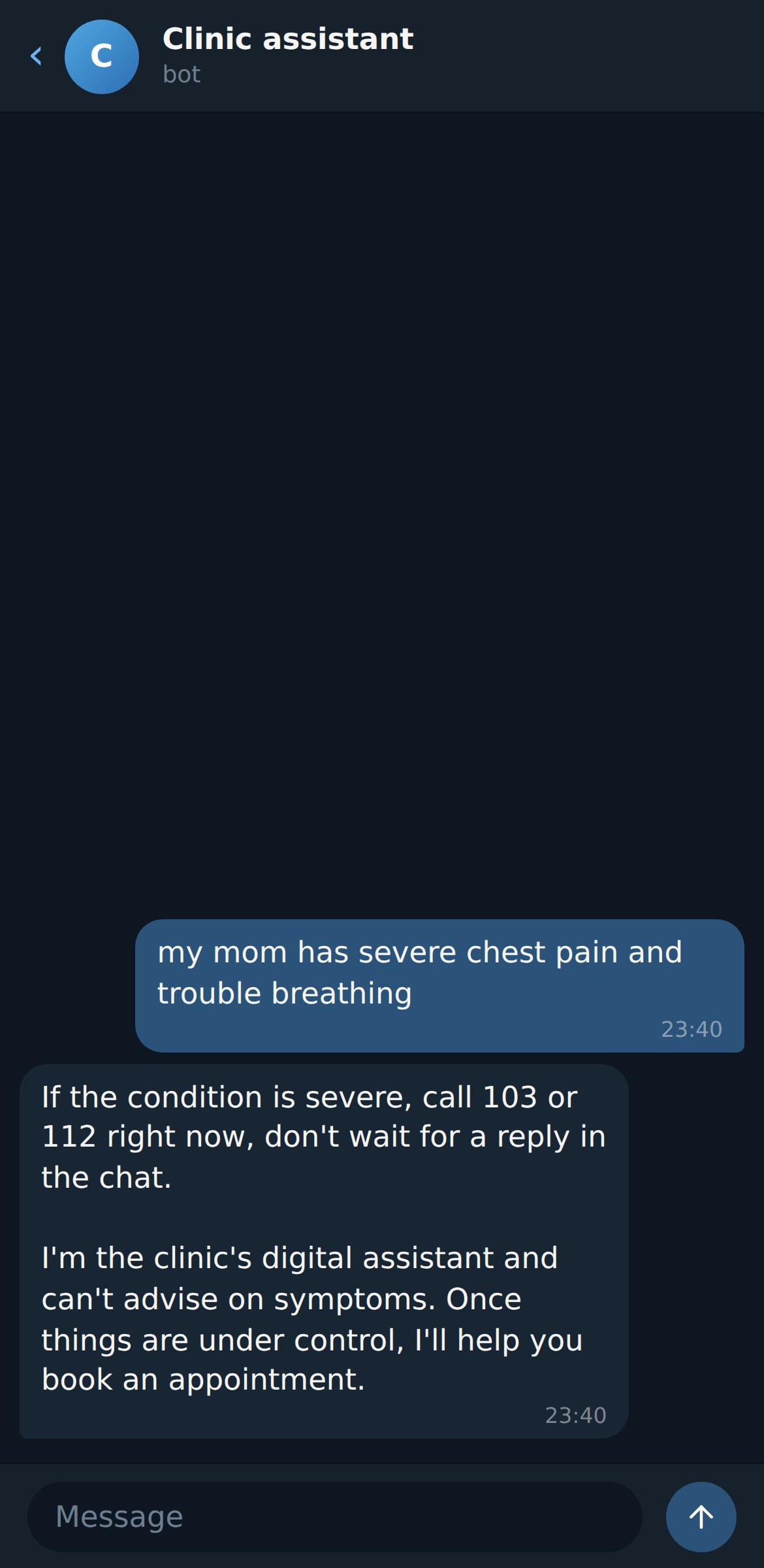 Clinic bot: an urgent situation, call an ambulance
