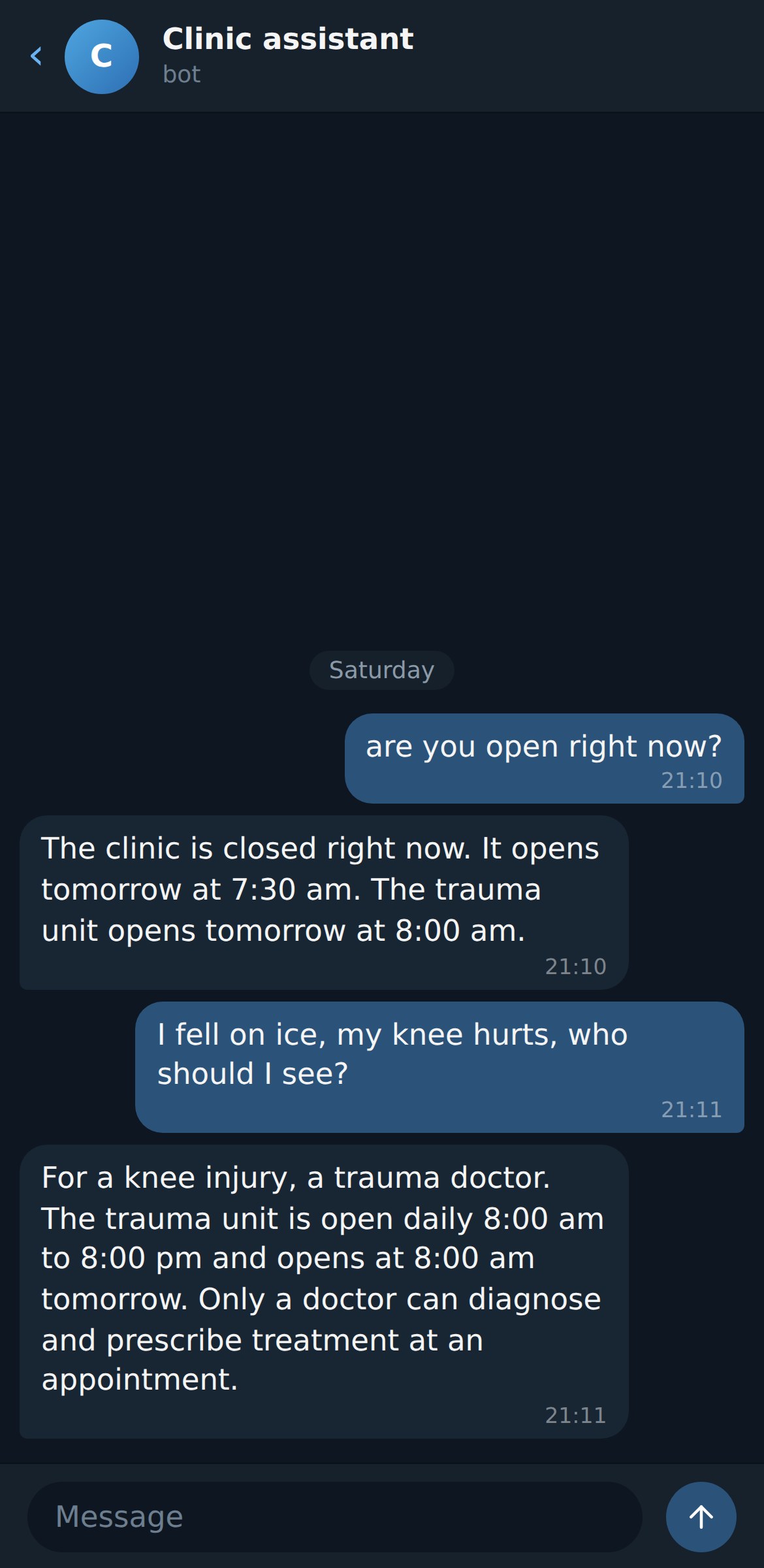 Clinic bot: open or closed, and where to go with an injury