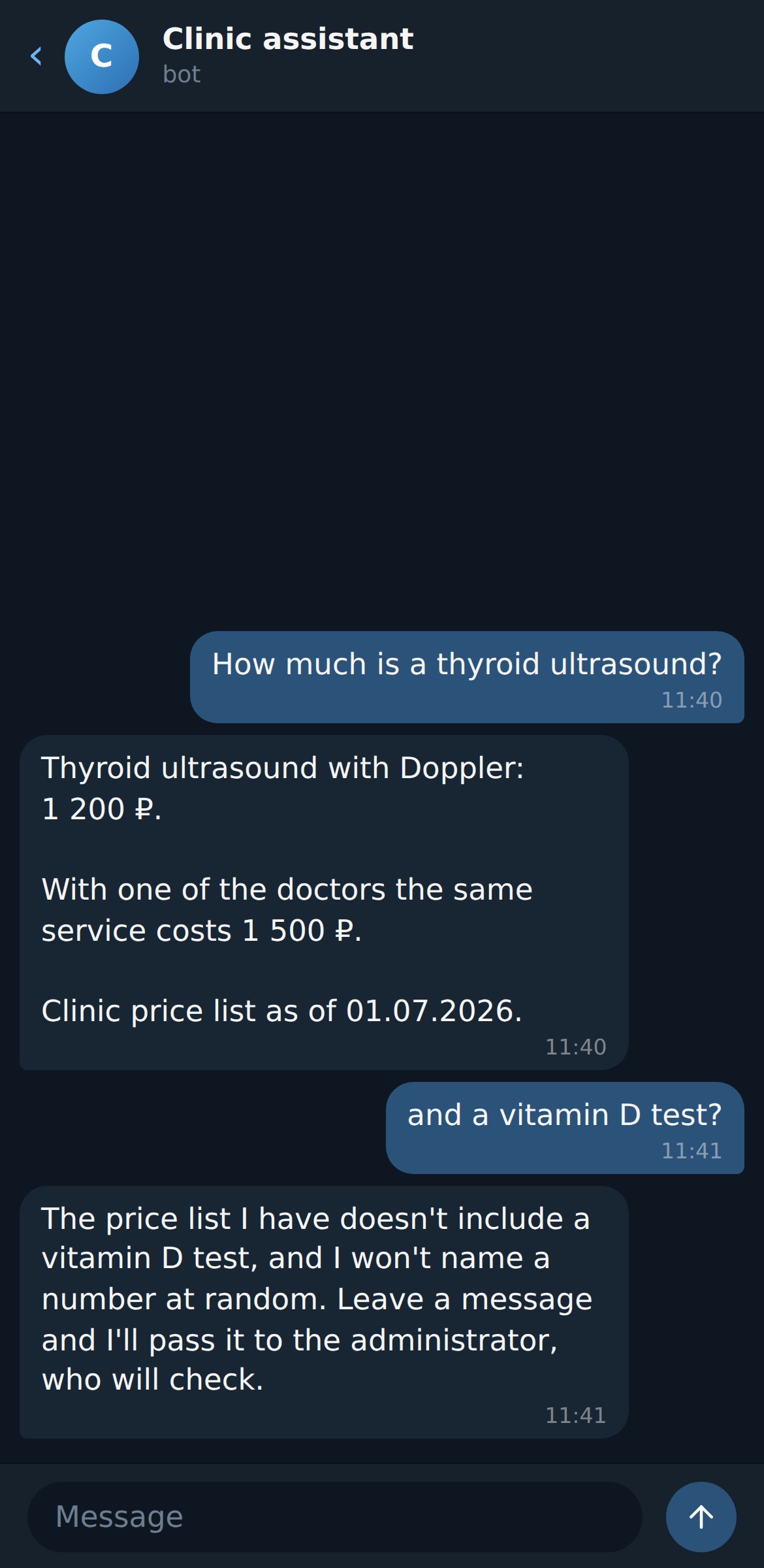 Clinic bot: price from the price list, and a refusal to name a price that isn't there