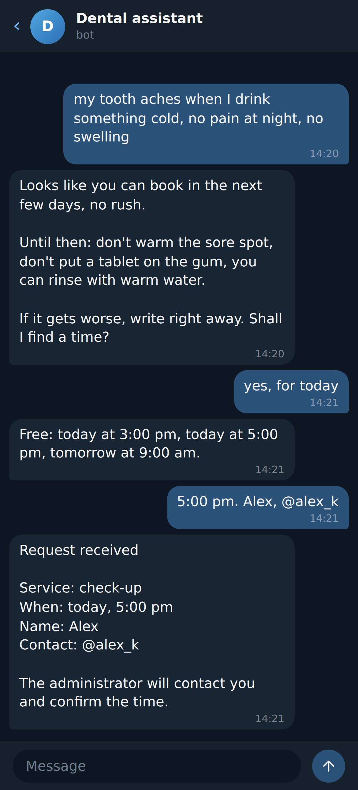 Dental clinic bot: booking and the request card