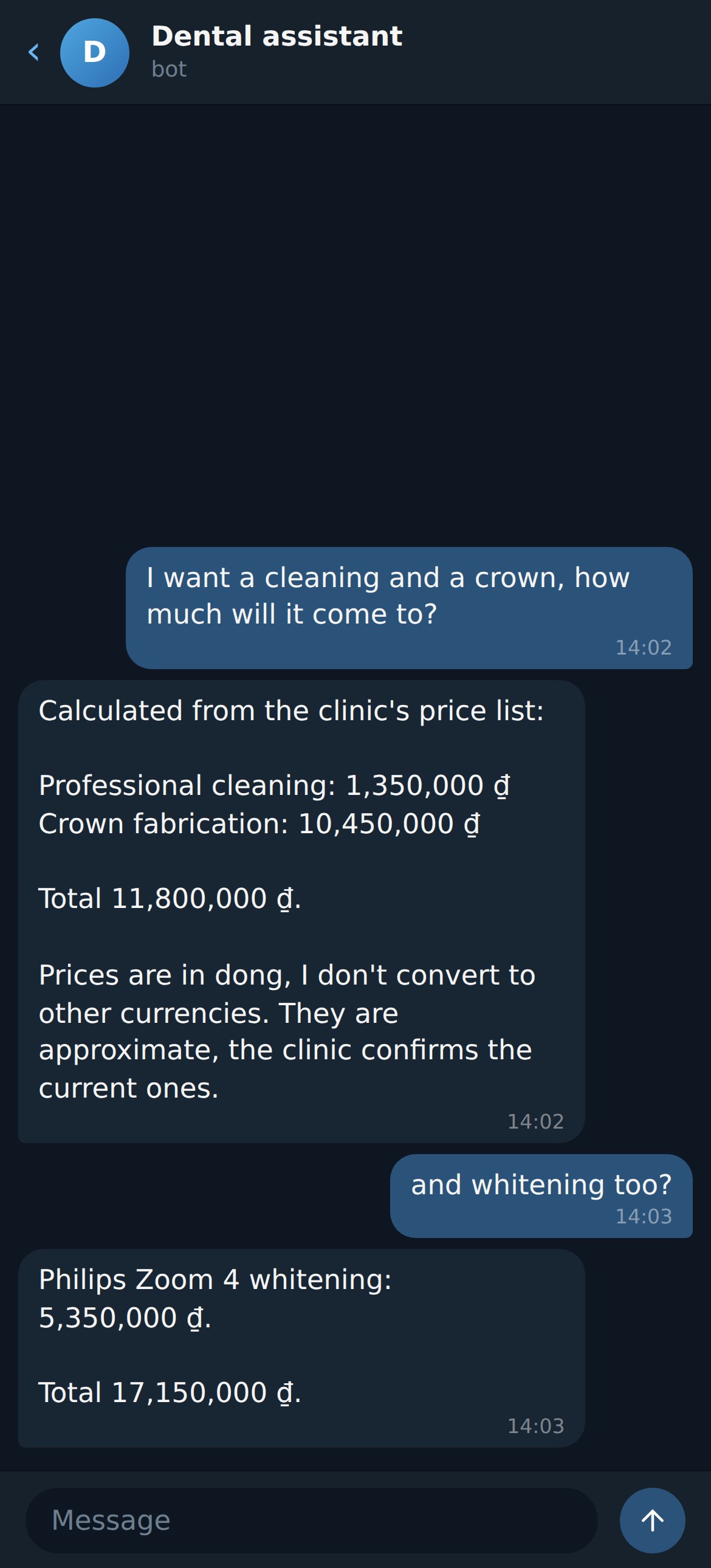 Dental clinic bot: cost calculated from the price list