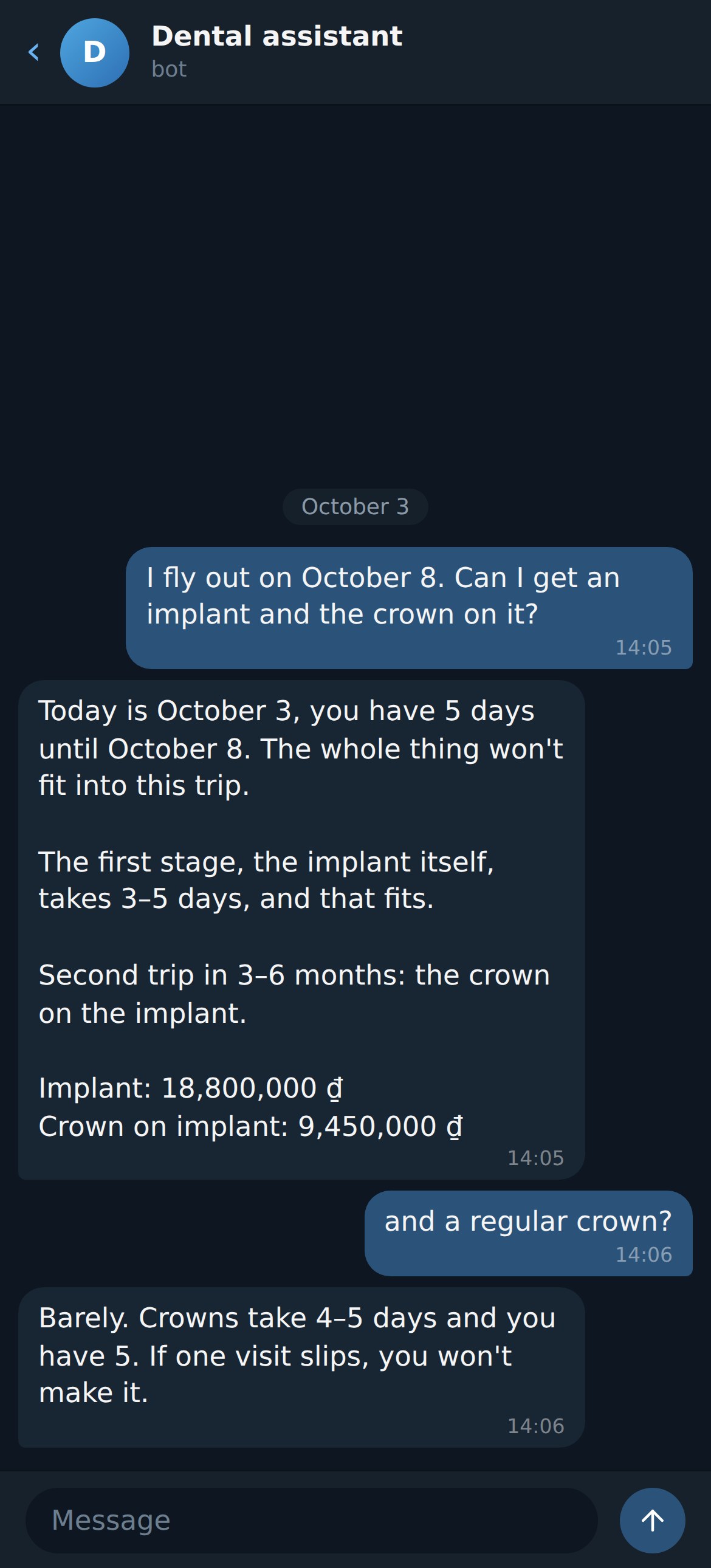 Dental clinic bot: checking whether treatment fits before a trip