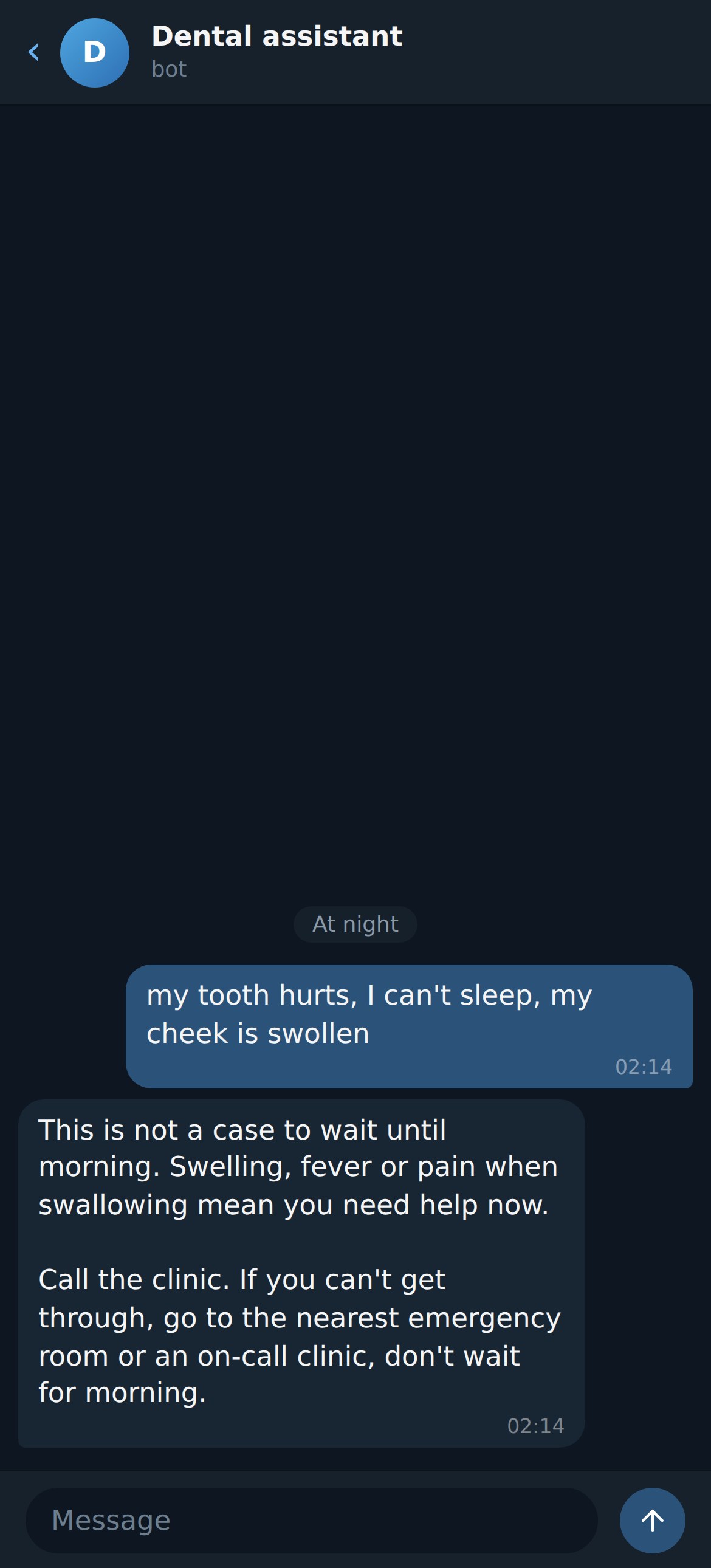 Dental clinic bot: urgent pain, tells the patient to call the clinic