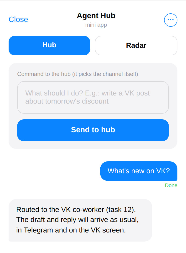 Hub — a plain-text command and the agent's reply