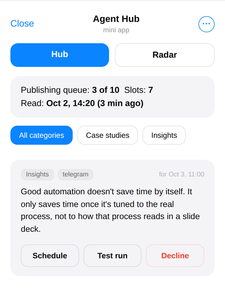 Hub — queue of drafts waiting for approval