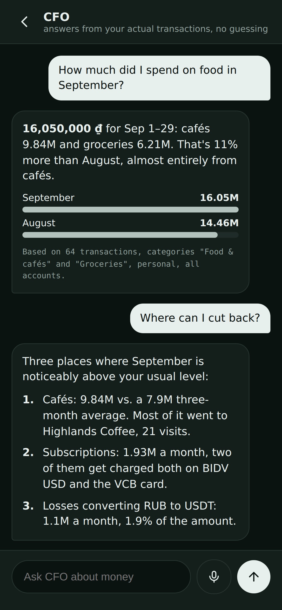 Pocket CFO — chat with the CFO, answered from real numbers