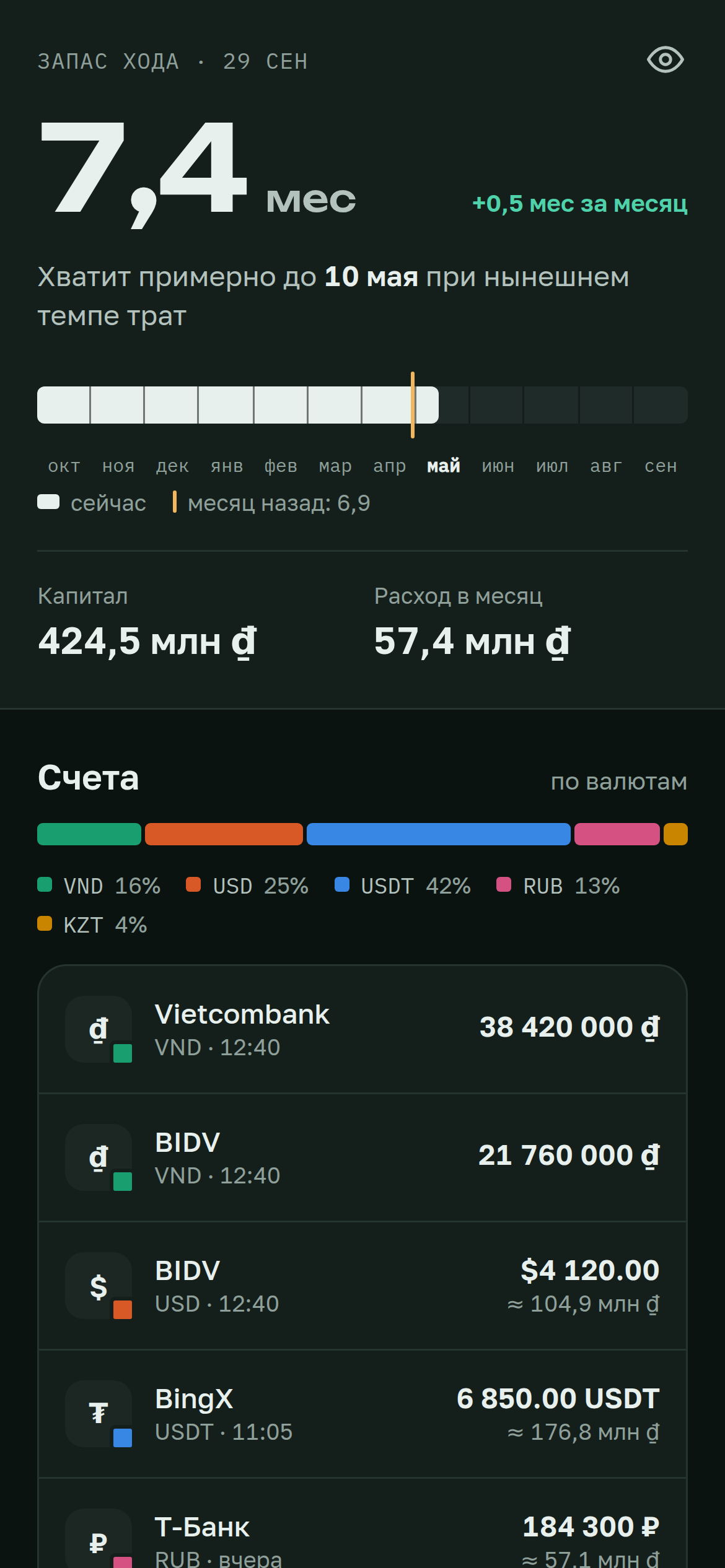 Pocket CFO — главный экран: капитал и траты по валютам