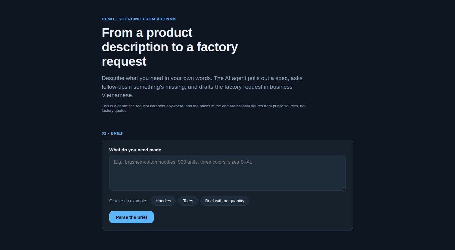 Sourcing agent demo — starting screen, product brief